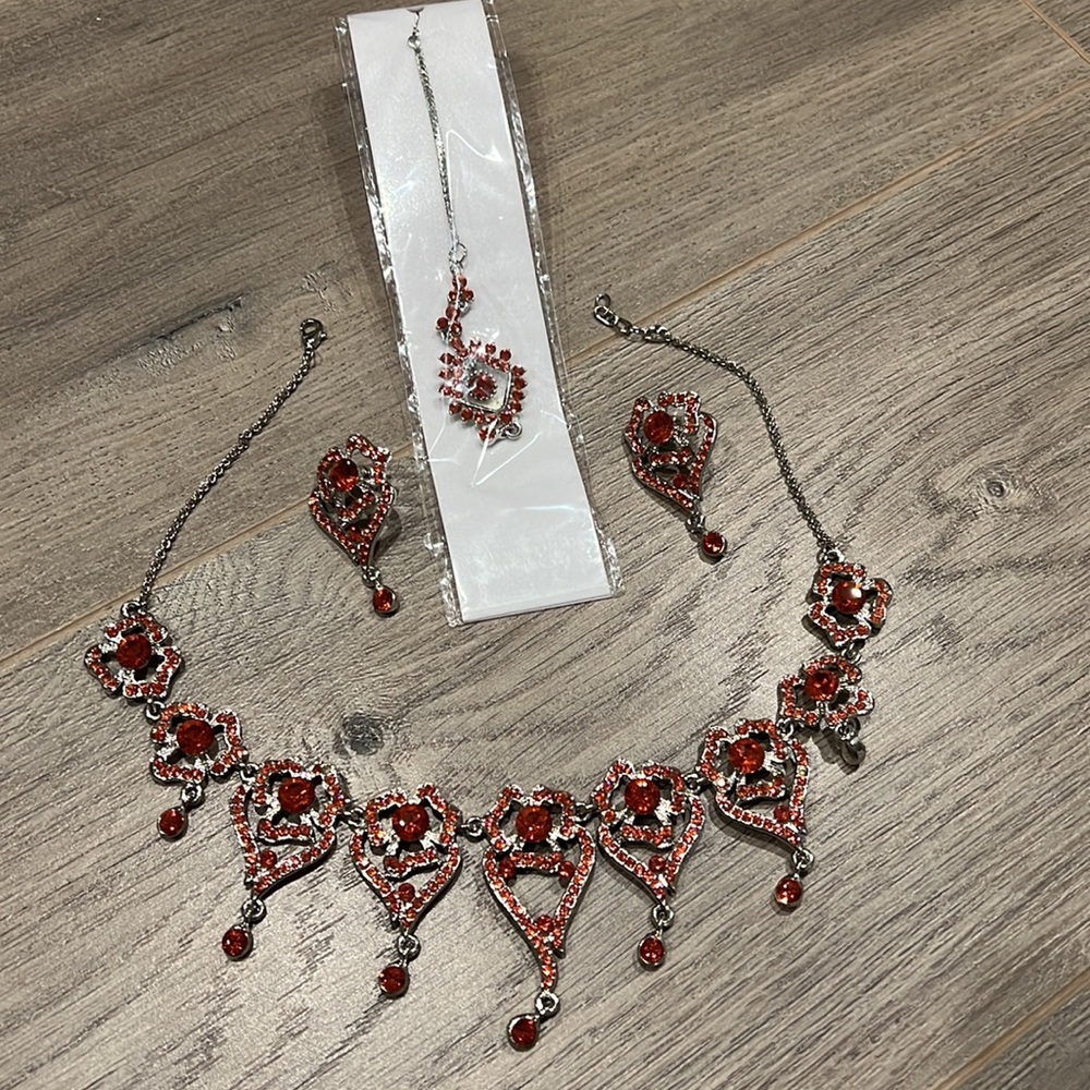 Silver base peach rhinestone jewelry set
